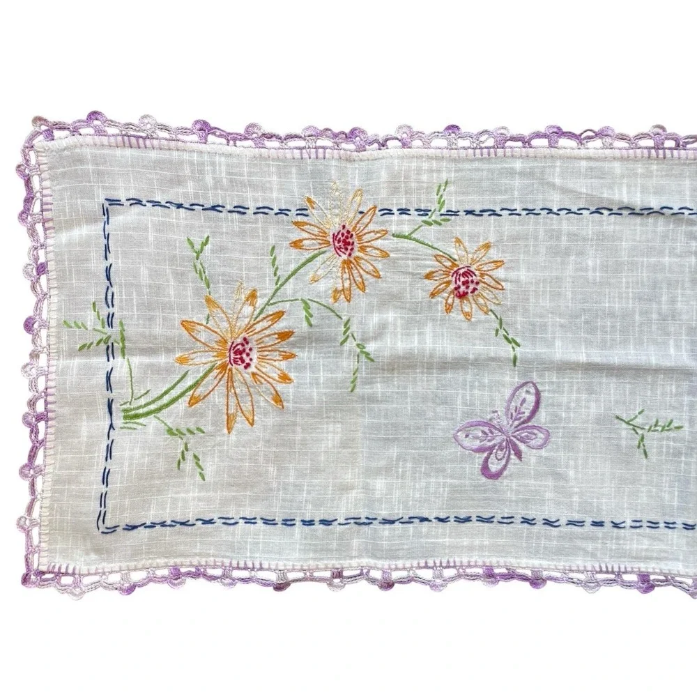 Linen Table Runner Dresser Scarf Embroidery Floral Crochet Purple Edge 36
